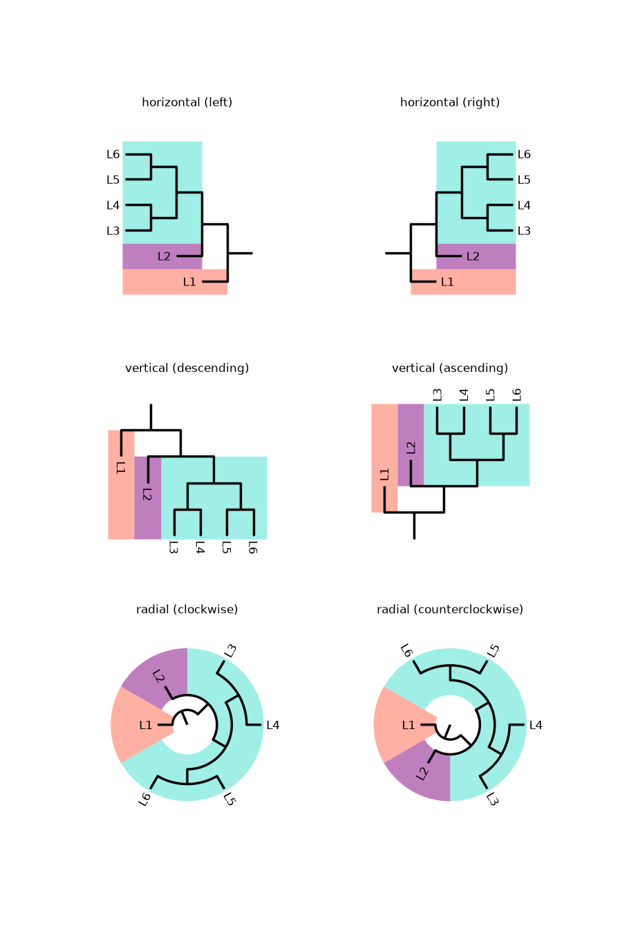 horizontal (left), horizontal (right), vertical (descending), vertical (ascending), radial (clockwise), radial (counterclockwise)